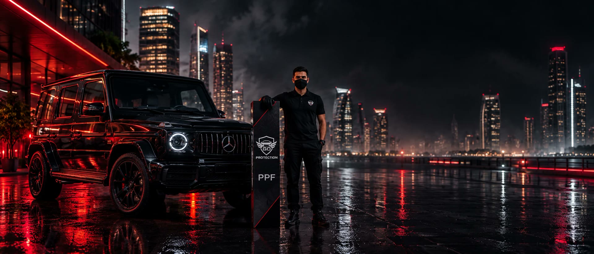 سيارة دفع رباعي سودا وفني Go Protection واقف جنب علبة أفلام حماية PPF ليلًا
